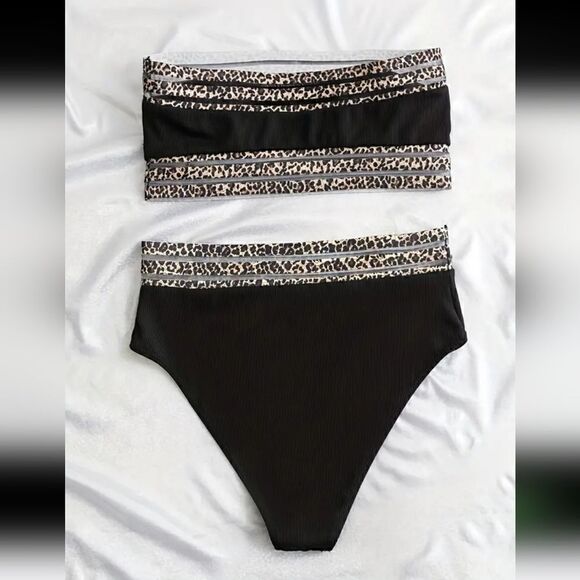Contrast Mesh Leopard Print 2 Piece Straple Bikini High Waist Elastic Black - Picture 2 of 6